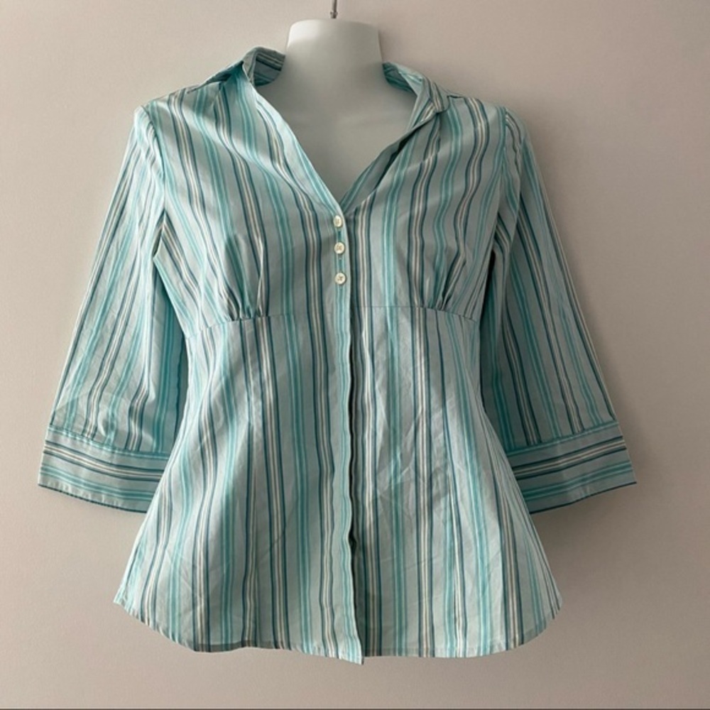 G.H Bass fitted button up blouse striped blue green